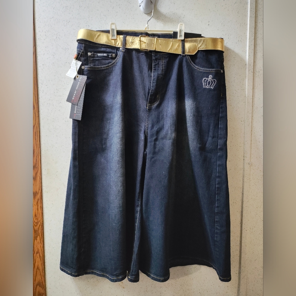 Vintage Old Skool Jeans Baggy Wide Pants Women's Plus 22 Crown Studded Gold Belt